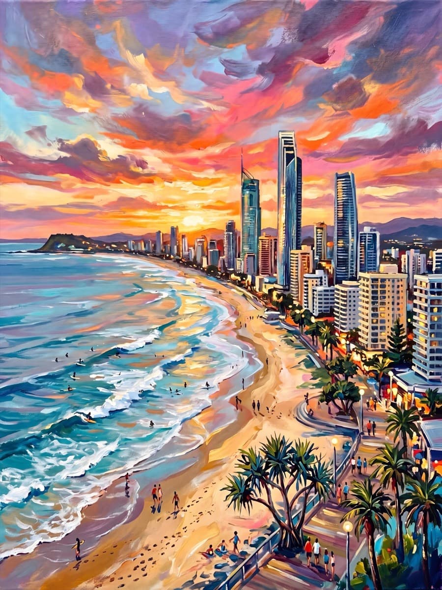 Gold Coast: The Long Beach, a painted view south down the Surfers Paradise strip at sunset.